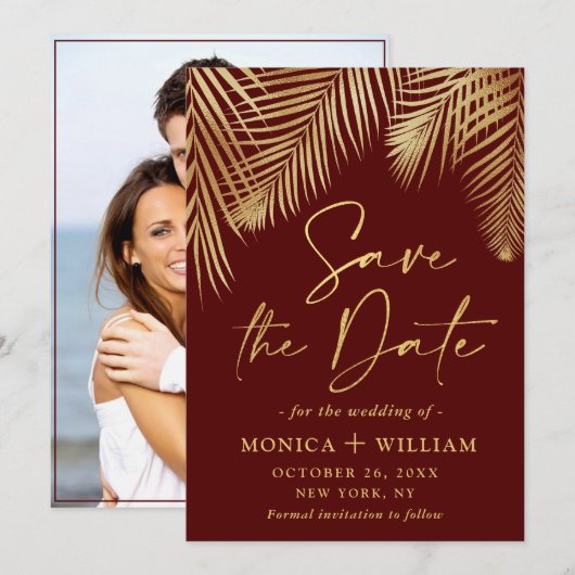 Elegant Golden Palm Branch Wedding Foto Save The Date (Voorkant / Achterkant)