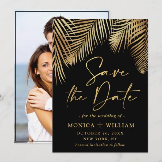 Elegant Golden Palm Branch Wedding Foto Save The Date (Voorkant / Achterkant)