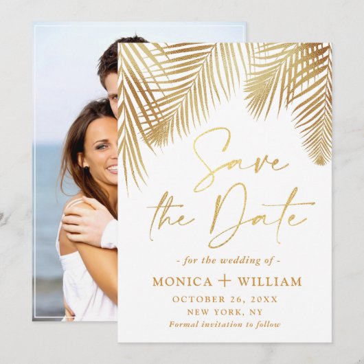 Elegant Golden Palm Branch Wedding Foto Save The Date (Voorkant / Achterkant)