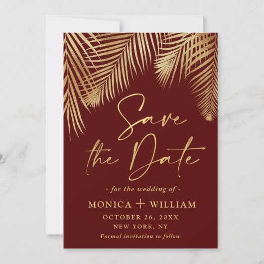 Elegant Golden Palm Branch Wedding Save The Date (Voorkant)