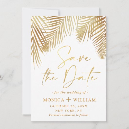 Elegant Golden Palm Branch Wedding Save The Date (Voorkant)