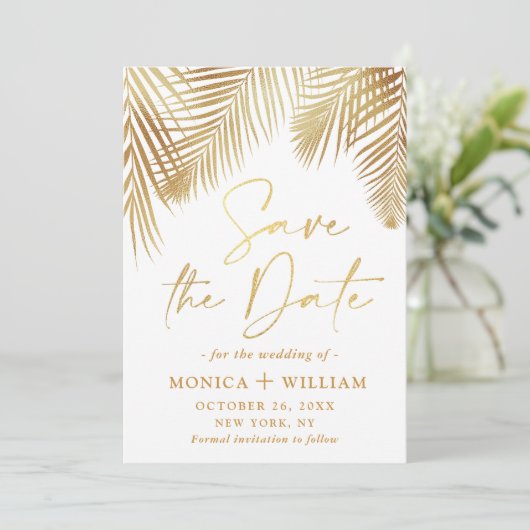 Elegant Golden Palm Branch Wedding Save The Date (Staand voorkant)