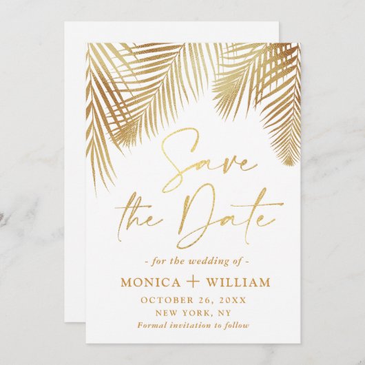 Elegant Golden Palm Branch Wedding Save The Date (Voorkant / Achterkant)