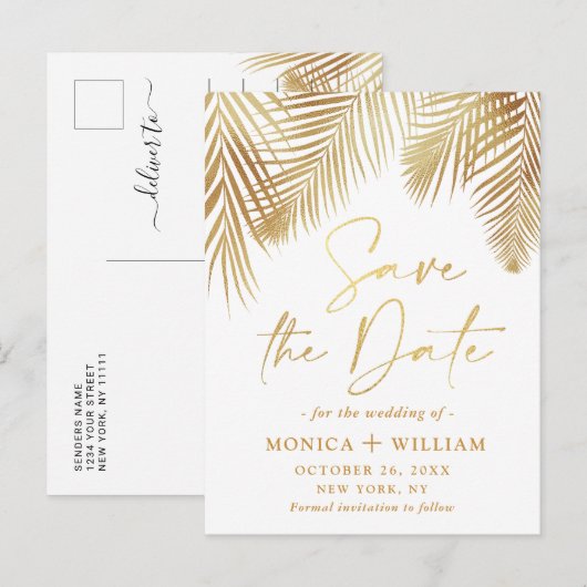 Elegant Golden Palm Branch Wedding Save the Date Aankondigingskaart (Voorkant / Achterkant)