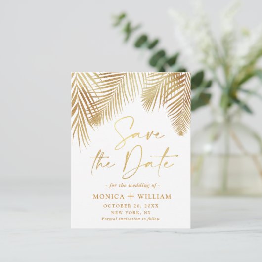 Elegant Golden Palm Branch Wedding Save the Date Aankondigingskaart (Staand voorkant)
