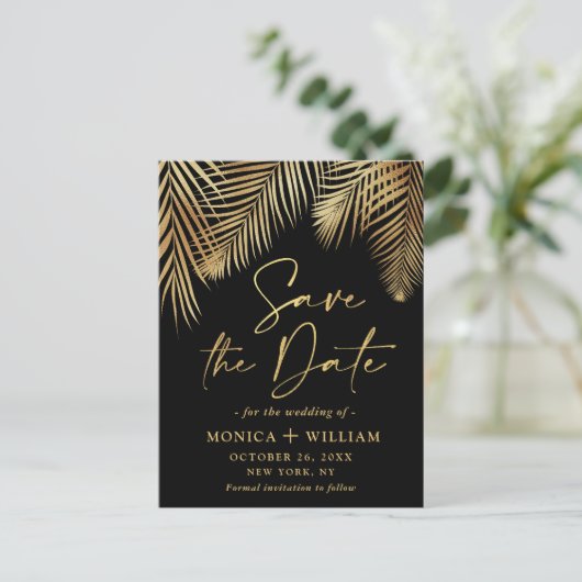 Elegant Golden Palm Branch Wedding Save the Date Briefkaart (Staand voorkant)