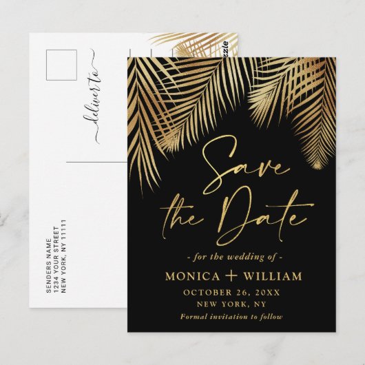 Elegant Golden Palm Branch Wedding Save the Date Briefkaart (Voorkant / Achterkant)