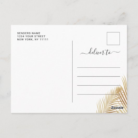Elegant Golden Palm Branch Wedding Save the Date Briefkaart (Achterkant)