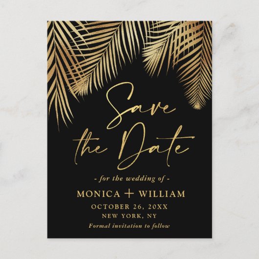 Elegant Golden Palm Branch Wedding Save the Date Briefkaart (Voorkant)
