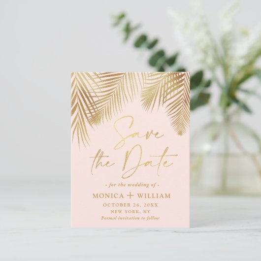 Elegant Golden Palm Branch Wedding Save the Date Briefkaart (Staand voorkant)