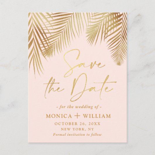 Elegant Golden Palm Branch Wedding Save the Date Briefkaart (Voorkant)
