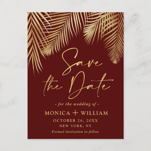 Elegant Golden Palm Branch Wedding Save the Date Briefkaart (Voorkant)