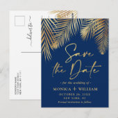 Elegant Golden Palm Branch Wedding Save the Date Briefkaart (Voorkant / Achterkant)