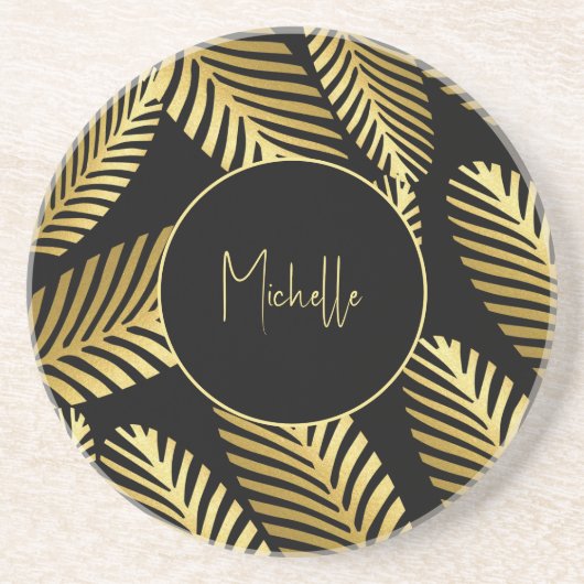 Elegant Golden Palm Leaf Pattern Sierkussen Zandsteen Onderzetter (Voorkant)