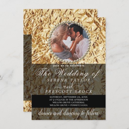 Elegant Golden Photo Calligraphy Wedding Invitatio Kaart (Voorkant / Achterkant)