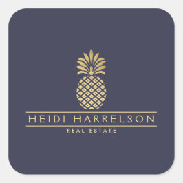 Elegant Golden Pineapple Logo op Dusky Blue Vierkante Sticker