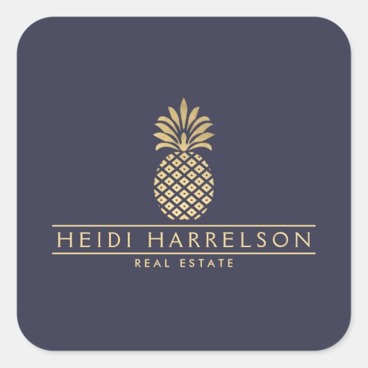 Elegant Golden Pineapple Logo op Dusky Blue Vierkante Sticker (Voorkant)