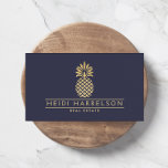 Elegant Golden Pineapple Logo op Dusky Blue Visitekaartje<br><div class="desc">Een tijdloze en elegante logo van een ananas weergegeven in faux metallic goud is vormgegeven met jouw naam of bedrijfsnaam op deze donkere, donkerblauwe visitekaartsjabloon. Het ananasontwerp is perfect voor gastvrijheid, makelaars, interieurontwerpers, huisstylisten en meer. Dit ontwerp maakt deel uit van een serie coördinerende kantoor-materialen. Ontworpen door 1201AM, een boutique...</div>