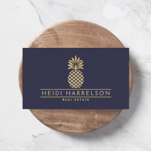 Elegant Golden Pineapple Logo op Dusky Blue Visitekaartje