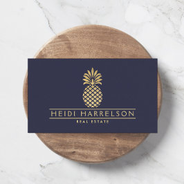 Elegant Golden Pineapple Logo op Dusky Blue Visitekaartje