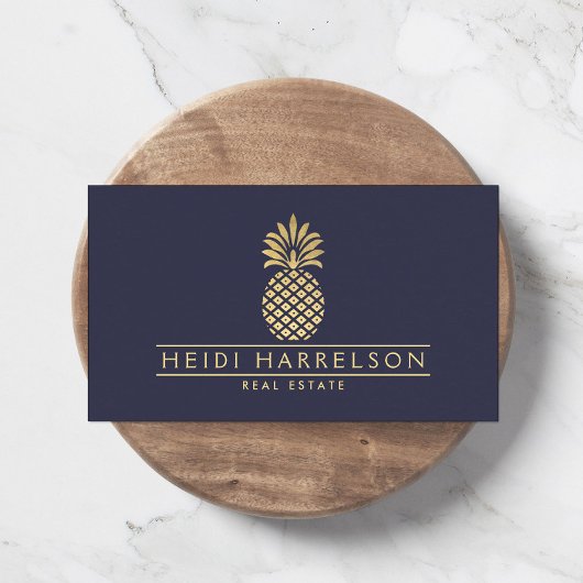 Elegant Golden Pineapple Logo op Dusky Blue Visitekaartje