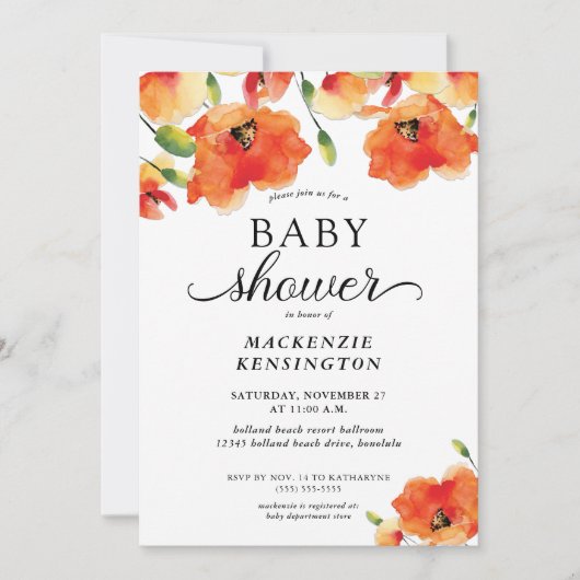 Elegant Golden Poppy Baby shower Kaart (Voorkant)