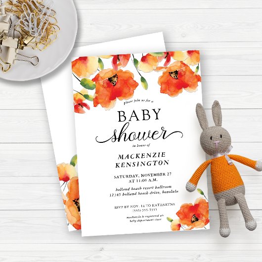 Elegant Golden Poppy Baby shower Kaart