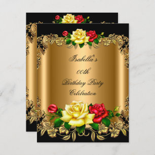 Elegant Golden Red Yellow Roses Birthday Party 2b Kaart