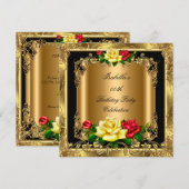 Elegant Golden Red Yellow Roses Birthday Party Kaart (Voorkant / Achterkant)
