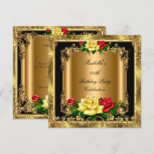 Elegant Golden Red Yellow Roses Birthday Party Kaart (Voorkant / Achterkant)