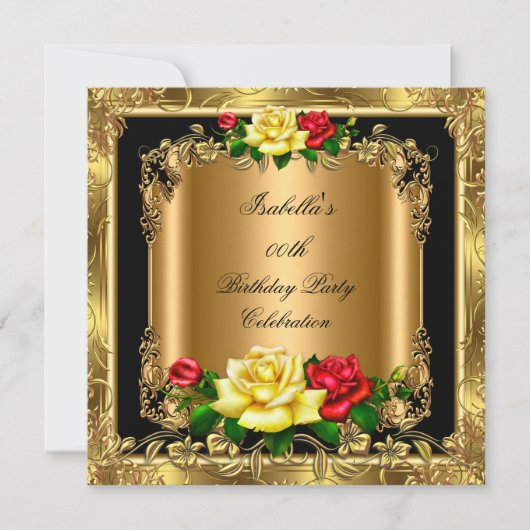 Elegant Golden Red Yellow Roses Birthday Party Kaart (Voorkant)