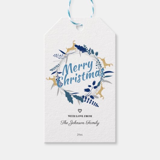 Elegant Golden Reindeer Floral kerstmis Cadeaulabel (Voorkant)