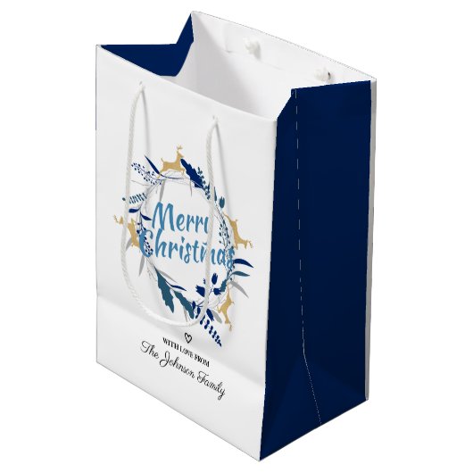 Elegant Golden Reindeer Floral kerstmis  Medium Cadeauzakje (Voorkant Gekanteld)