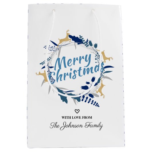 Elegant Golden Reindeer Floral kerstmis  Medium Cadeauzakje (Voorkant)