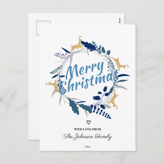 Elegant Golden Reindeer Floral Kerstmis met Ho Feestdagenkaart (Voorkant / Achterkant)