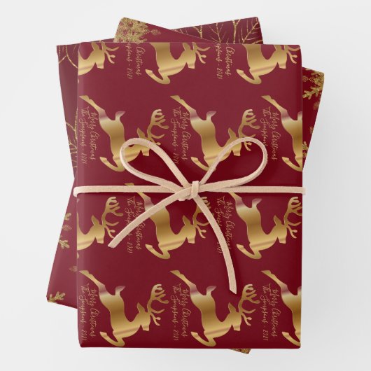 Elegant Golden Reindeers Snowflakes en Poinsettia Inpakpapier Vel (In situ)