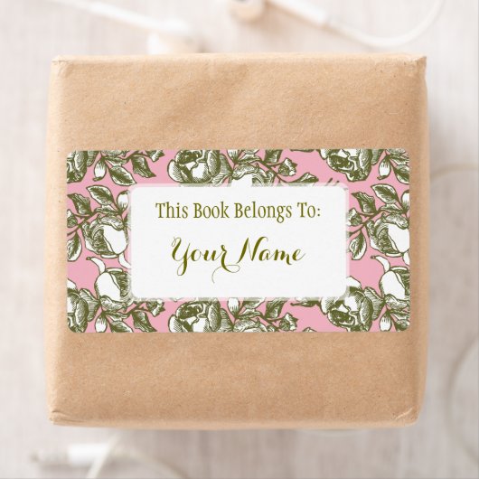 Elegant Golden Roos Etching on Pink Bookpate Label (Insitu)