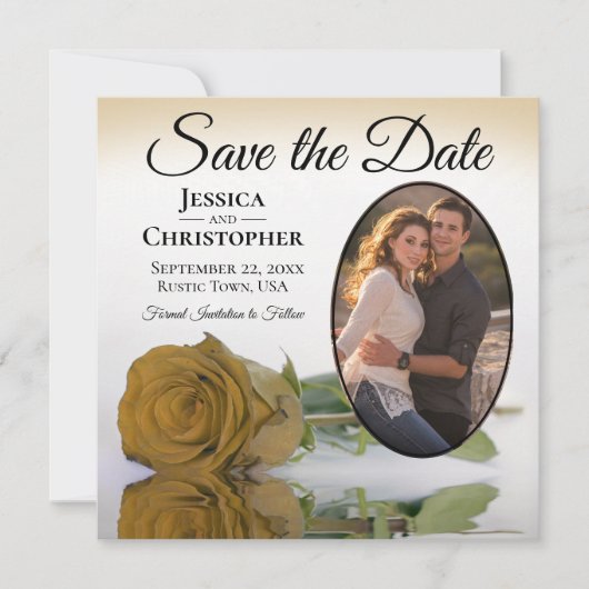Elegant Golden Roos met Oval Foto Weddenschap Save The Date (Voorkant)