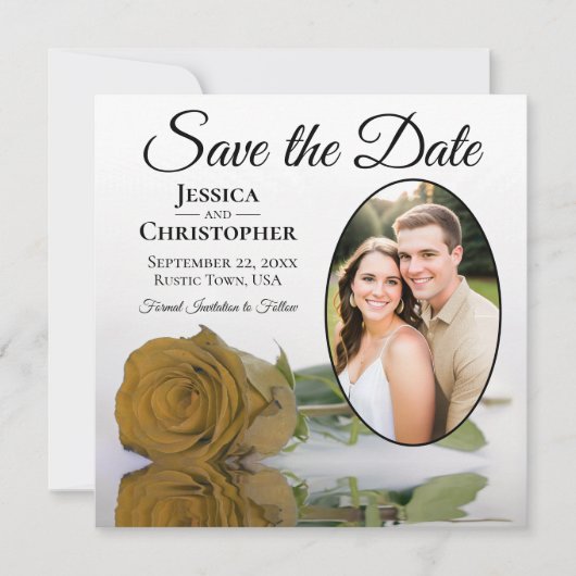 Elegant Golden Roos op White Oval Photo Wedding Save The Date (Voorkant)