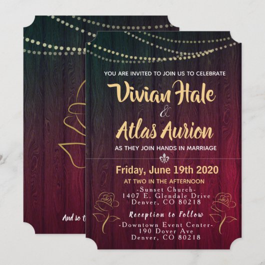 Elegant Golden Rozen Red en Black Wedding Invites Kaart (Voorkant / Achterkant)