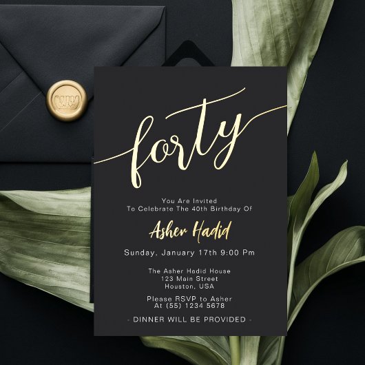 Elegant Golden Script 40ste verjaardagsfeest Folie Uitnodiging