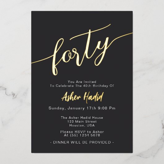 Elegant Golden Script 40ste verjaardagsfeest Folie Uitnodiging (Voorkant)