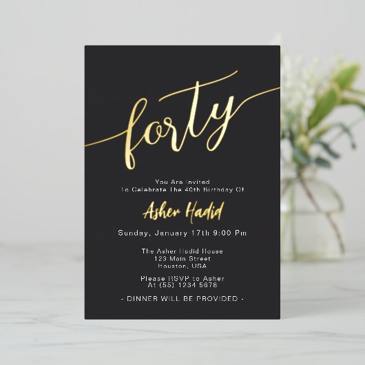 Elegant Golden Script 40ste verjaardagsfeest Folie Uitnodiging (Staand Voorkant)