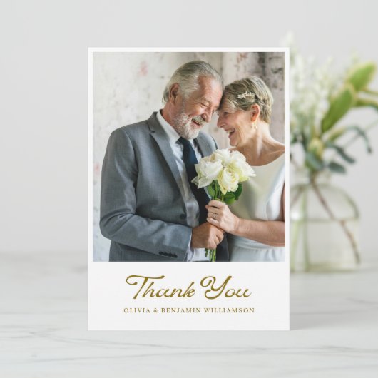  Elegant Golden Script Fotobruiloft Bedankkaart (Staand voorkant)
