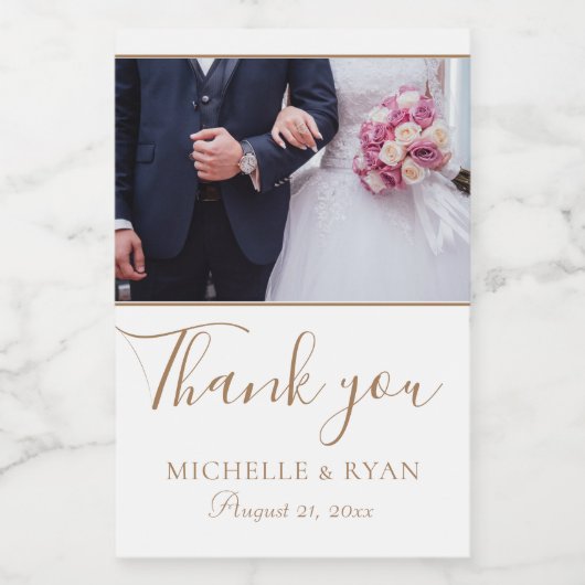 Elegant Golden Script Weduwfoto Hartelijk dank Wijn Etiket (Enkel label)