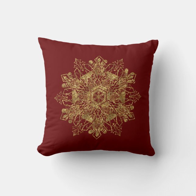 Elegant Golden Snow Flake Burgundy Sierkussen (Voorkant)