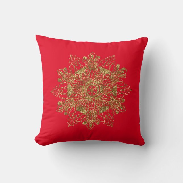 Elegant Golden Snow Flake Red Sierkussen (Voorkant)