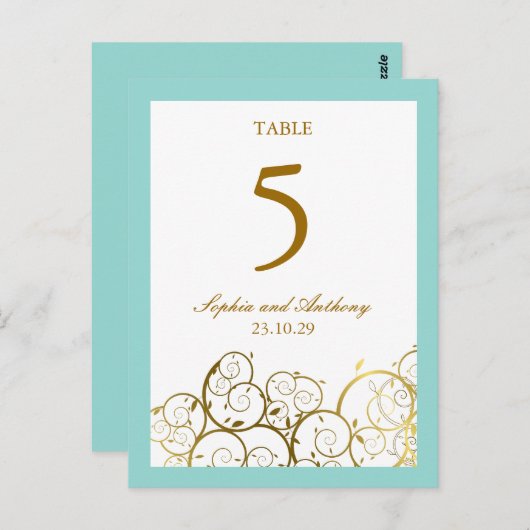 Elegant Golden Spirals Table Number Briefkaart (Voorkant / Achterkant)