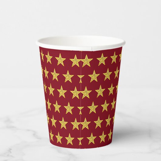 Elegant Golden Star Pattern over Burgundy Red Papieren Bekers (Rechts)