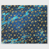 Elegant Golden Stars en Moon Blue Navy Marble Cadeaupapier (Vlak)